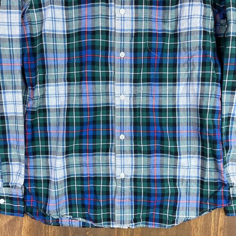 J Crew Mens Shirt Blue Green Gray Red Plaid Slim Fit Collared Button Down Medium
